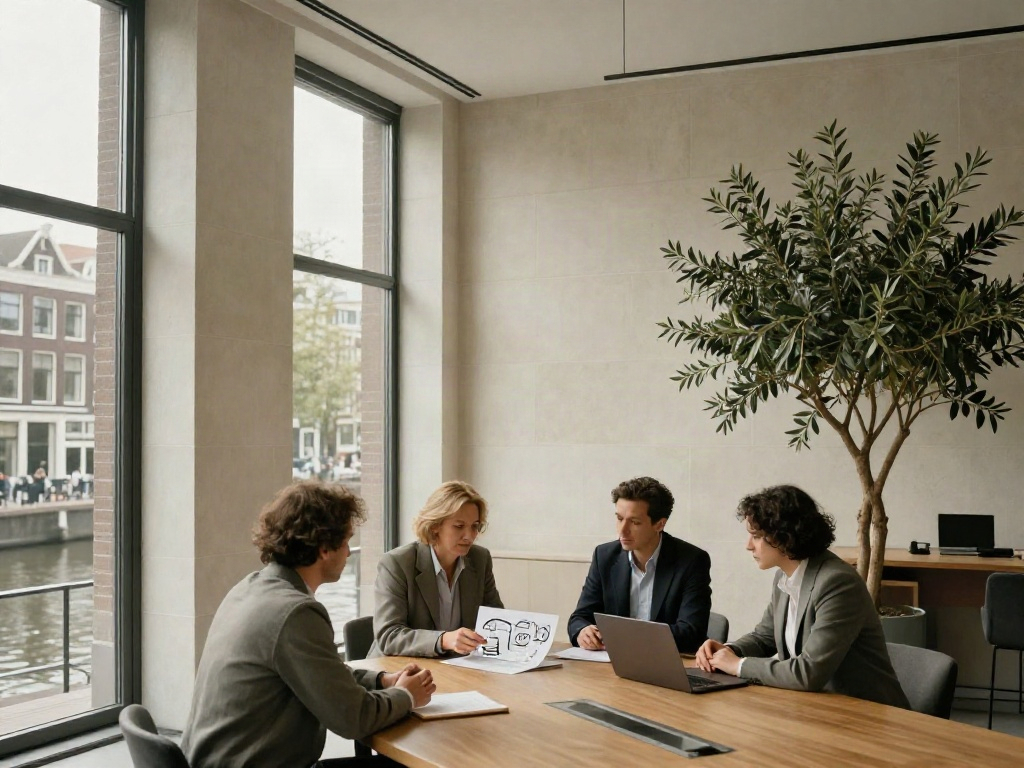 A thoughtful business strategy discussion in a light-filled Amsterdam meeting room